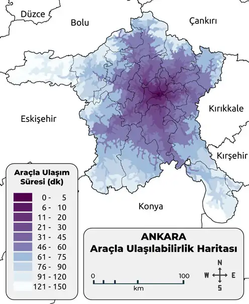 Ankara ili araçla ulaşılabilirlik haritası ve analizi