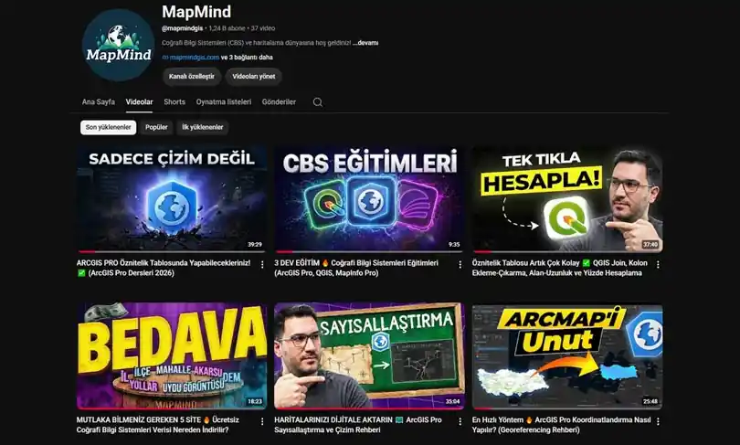 MapMind YouTube kanalındaki ücretsiz Coğrafi Bilgi Sistemleri (CBS), ArcGIS Pro, MapInfo Pro, CBS Uzmanı ve QGIS eğitim videoları arayüzü