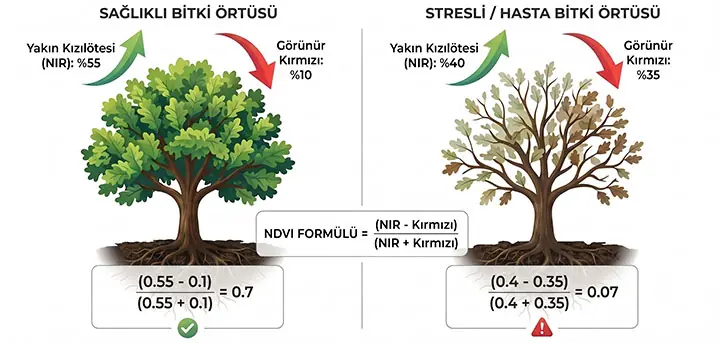 Sağlıklı ve stresli bitkiler üzerinde Yakın Kızılötesi (NIR) ve Görünür Kırmızı (RED) ışık kullanılarak yapılan NDVI formülü hesaplaması